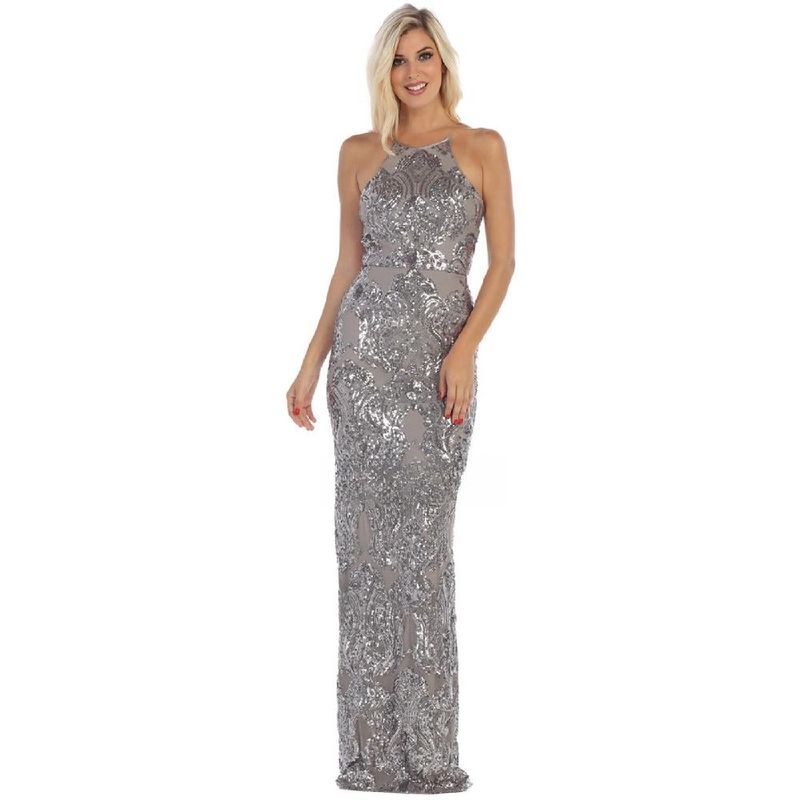 UNIQUE - VESTIDO LARGO L7667 PLATEADO - Plateado