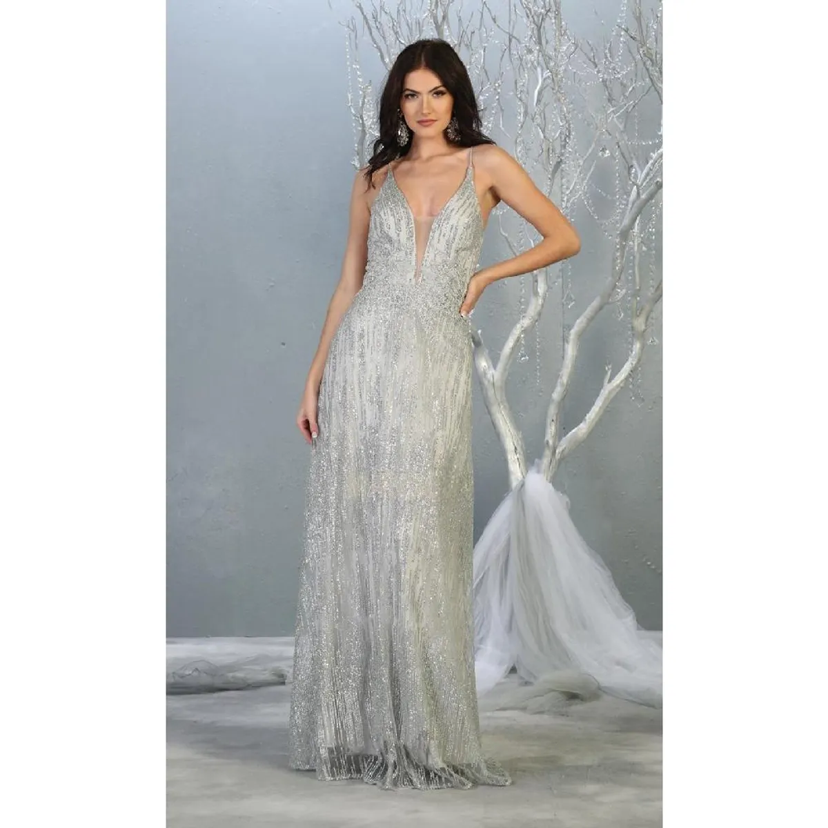 UNIQUE - VESTIDO LARGO L1780 PLATEADO - Plateado