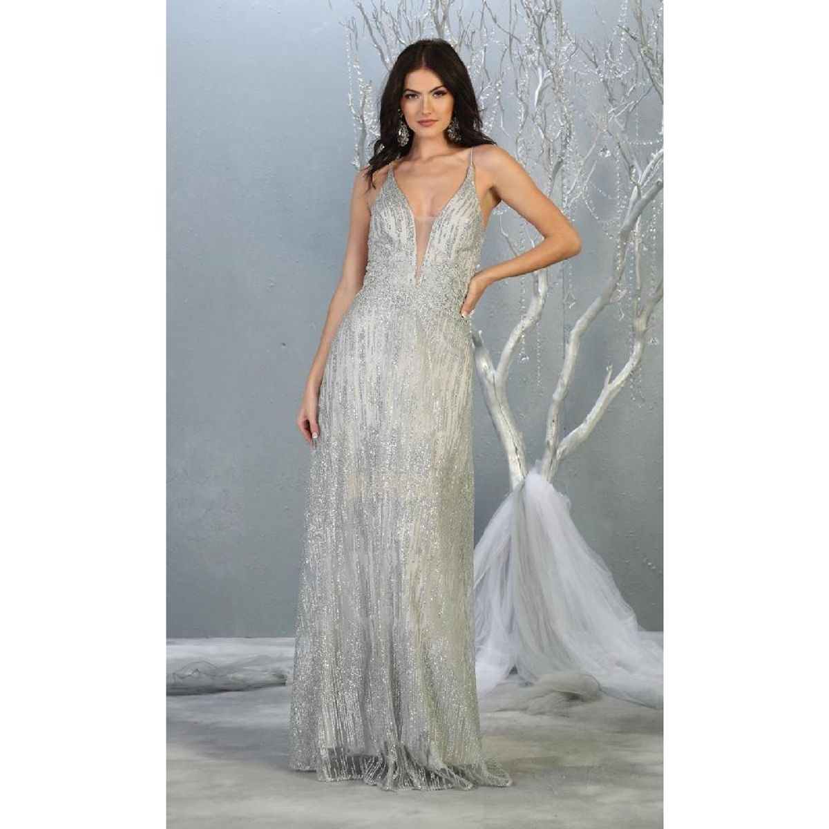 UNIQUE - VESTIDO LARGO L1780 PLATEADO - Plateado