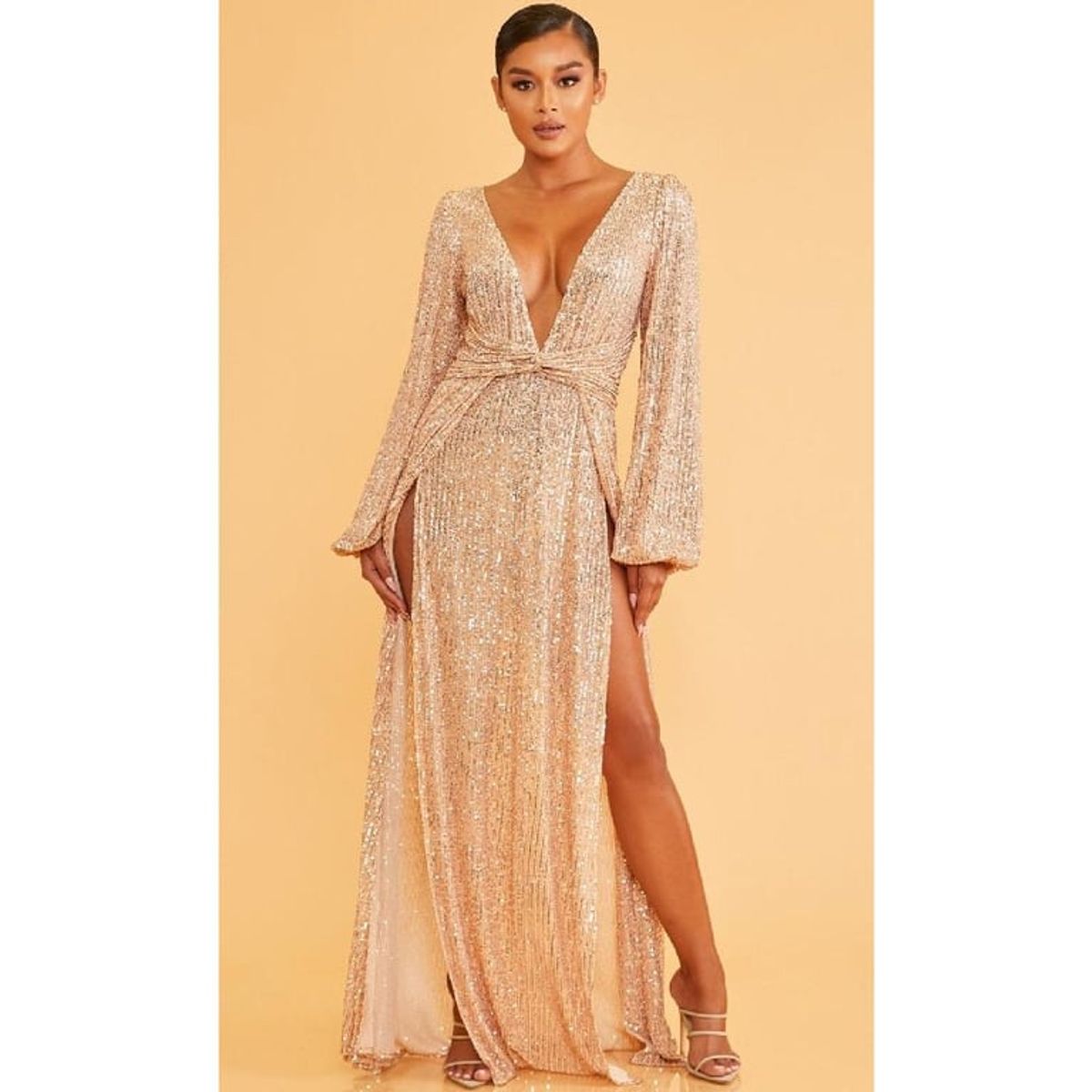 UNIQUE - VESTIDO DE FIESTA LARGO L6948 ROSE GOLD - Rosa