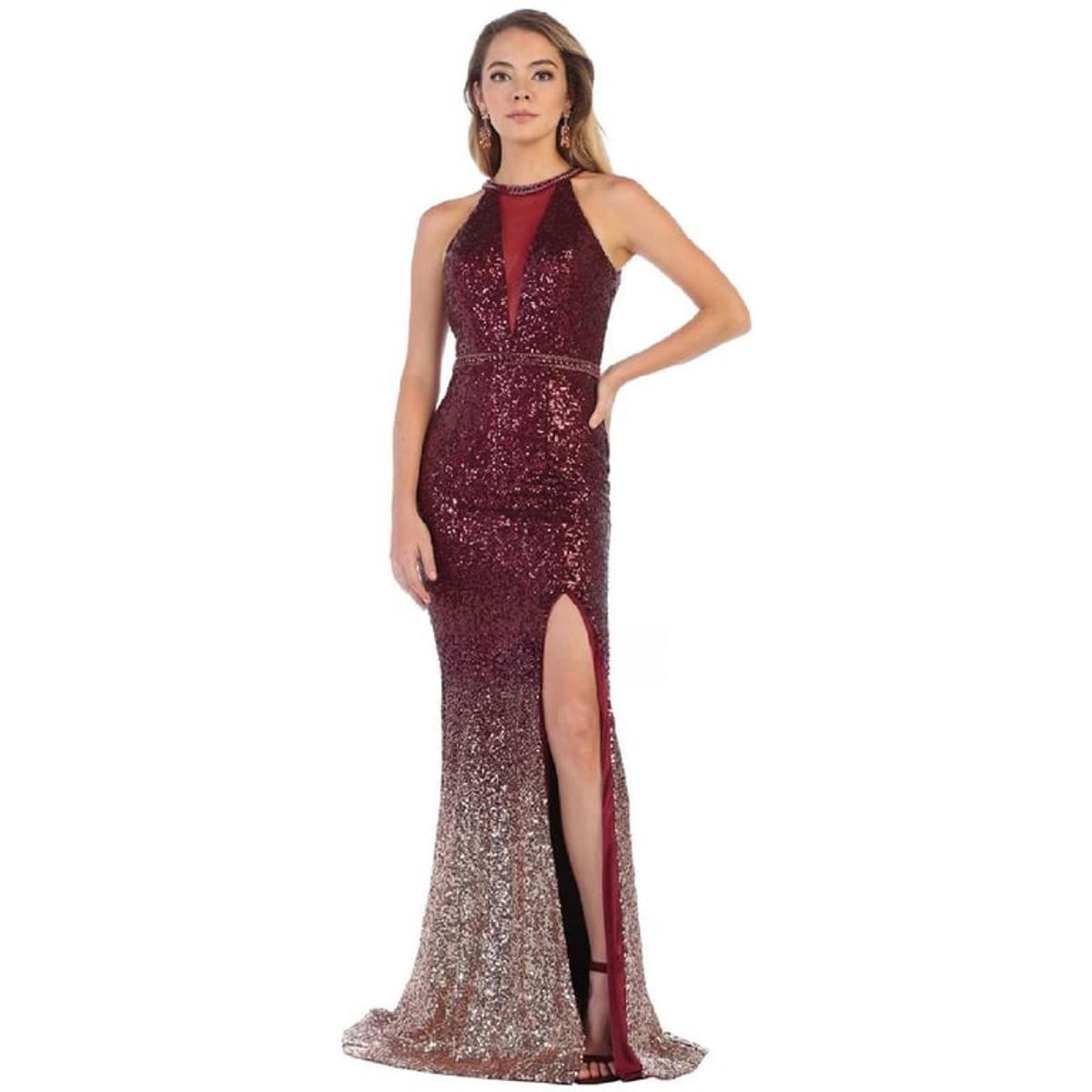 UNIQUE - VESTIDO LARGO L7673 BURDEO - Burdeos