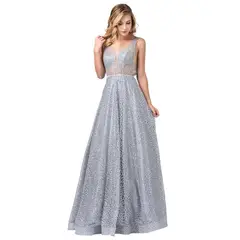 UNIQUE - VESTIDO LARGO L2593 PLATEADO - Plateado