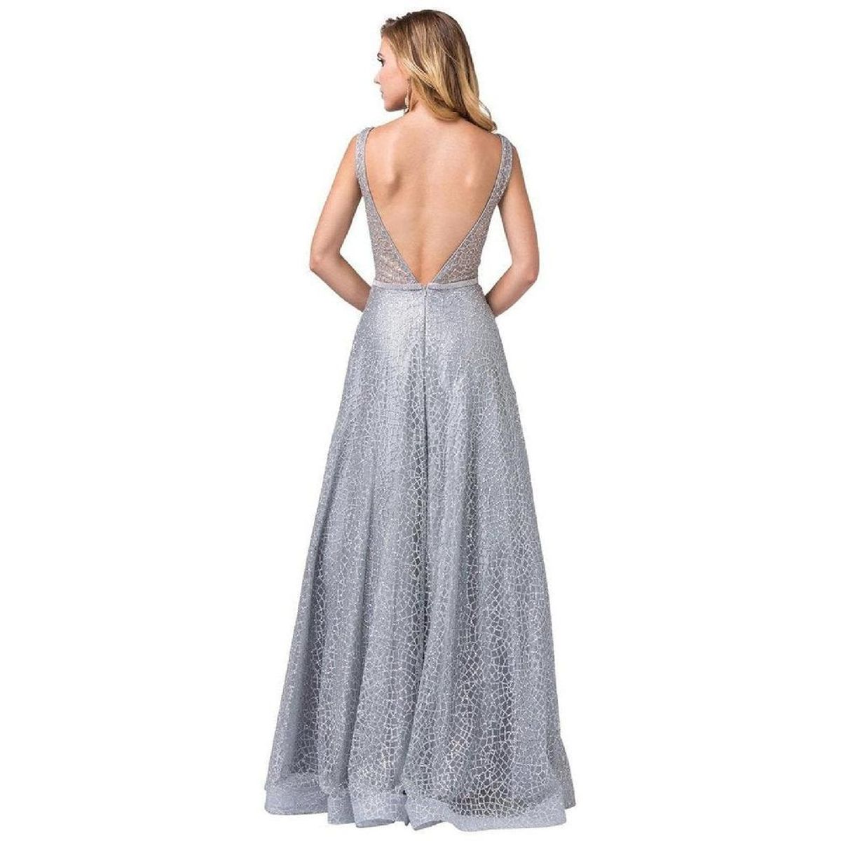 UNIQUE - VESTIDO LARGO L2593 PLATEADO - Plateado