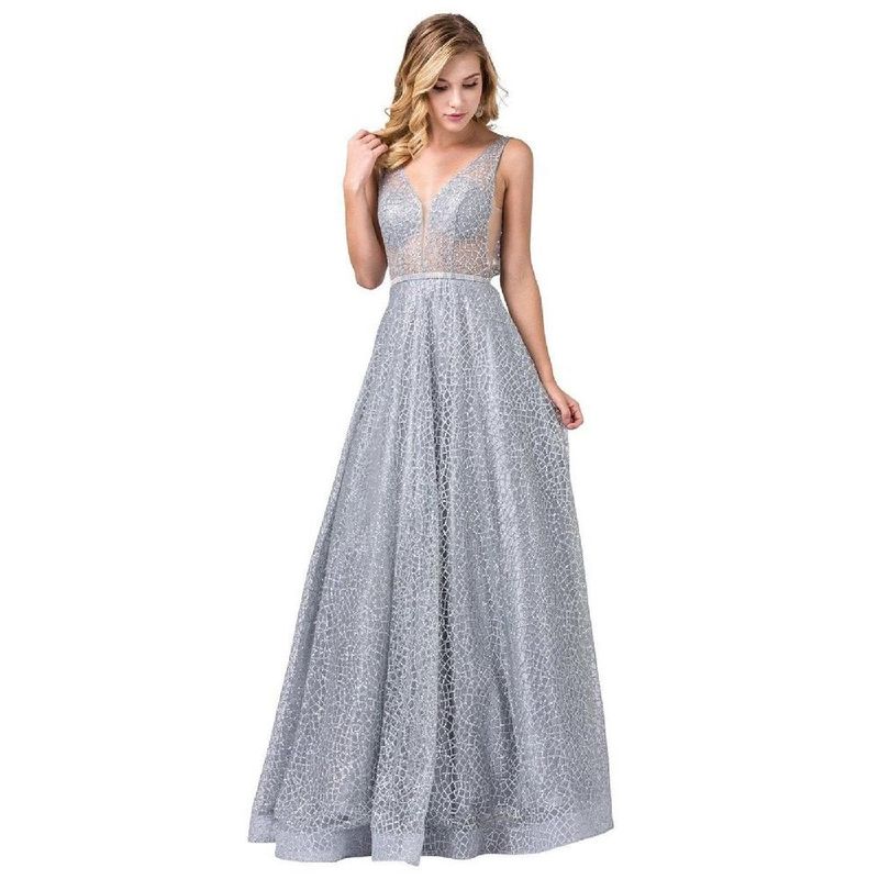 UNIQUE - VESTIDO LARGO L2593 PLATEADO - Plateado