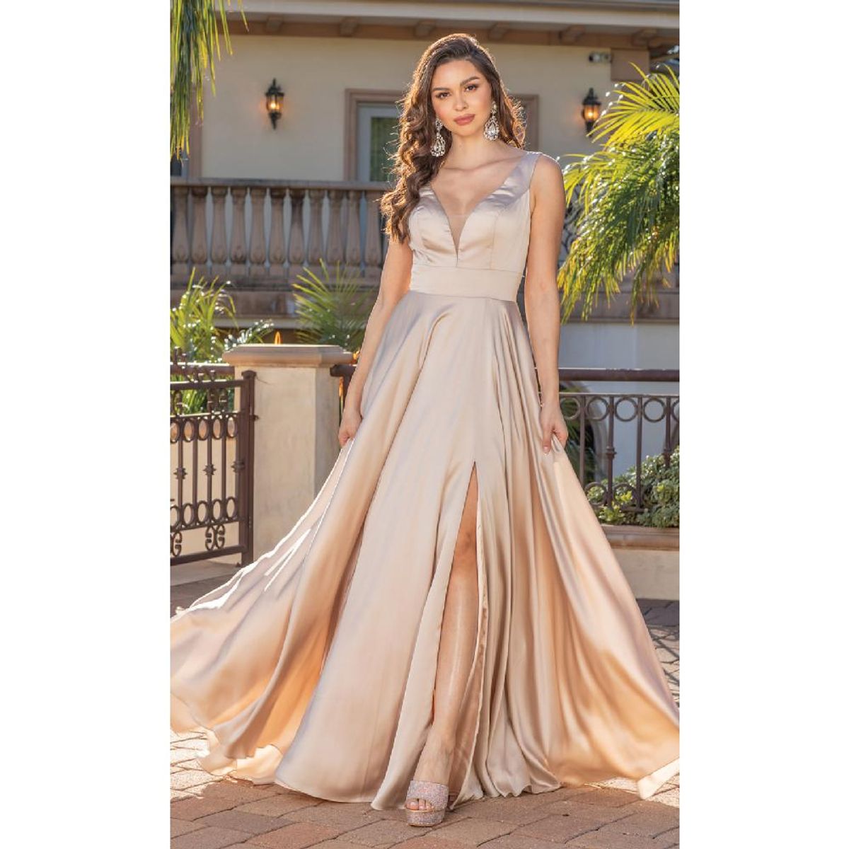 UNIQUE - VESTIDO DE FIESTA LARGO L4304 CHAMPAGNE - Champana