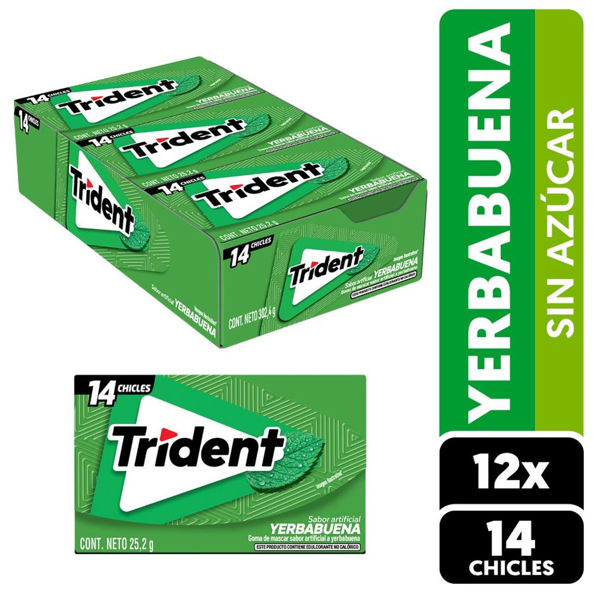 TRIDENT - Chicle Trident® Sin Azúcar Sabor Yerbabuena 12 X 14 Un Cu