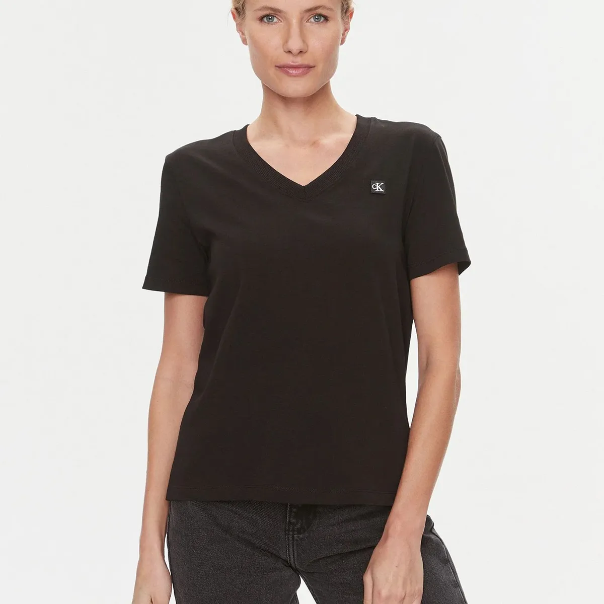 CALVIN KLEIN - Polera Ck Embro Badge V-Neck Negro Calvin Klein