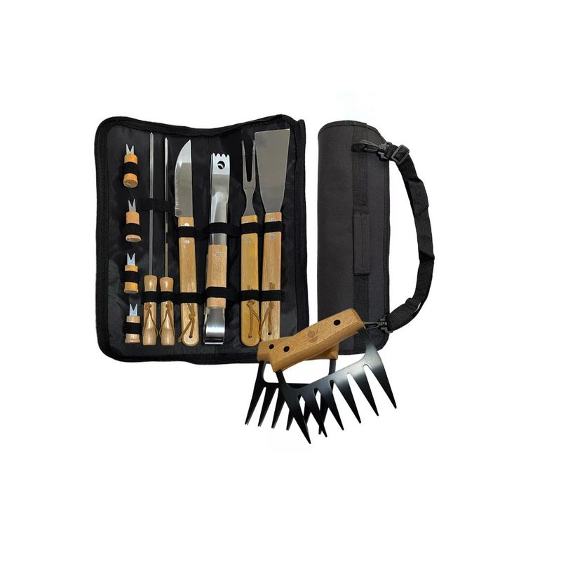 GENERICO - Pack Set Asado Parrilla 10 Uds + 2 Garras De Oso Inox