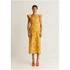 SCALPERS - Vestido Lino Midi Drapeado Pecho Orange/Green