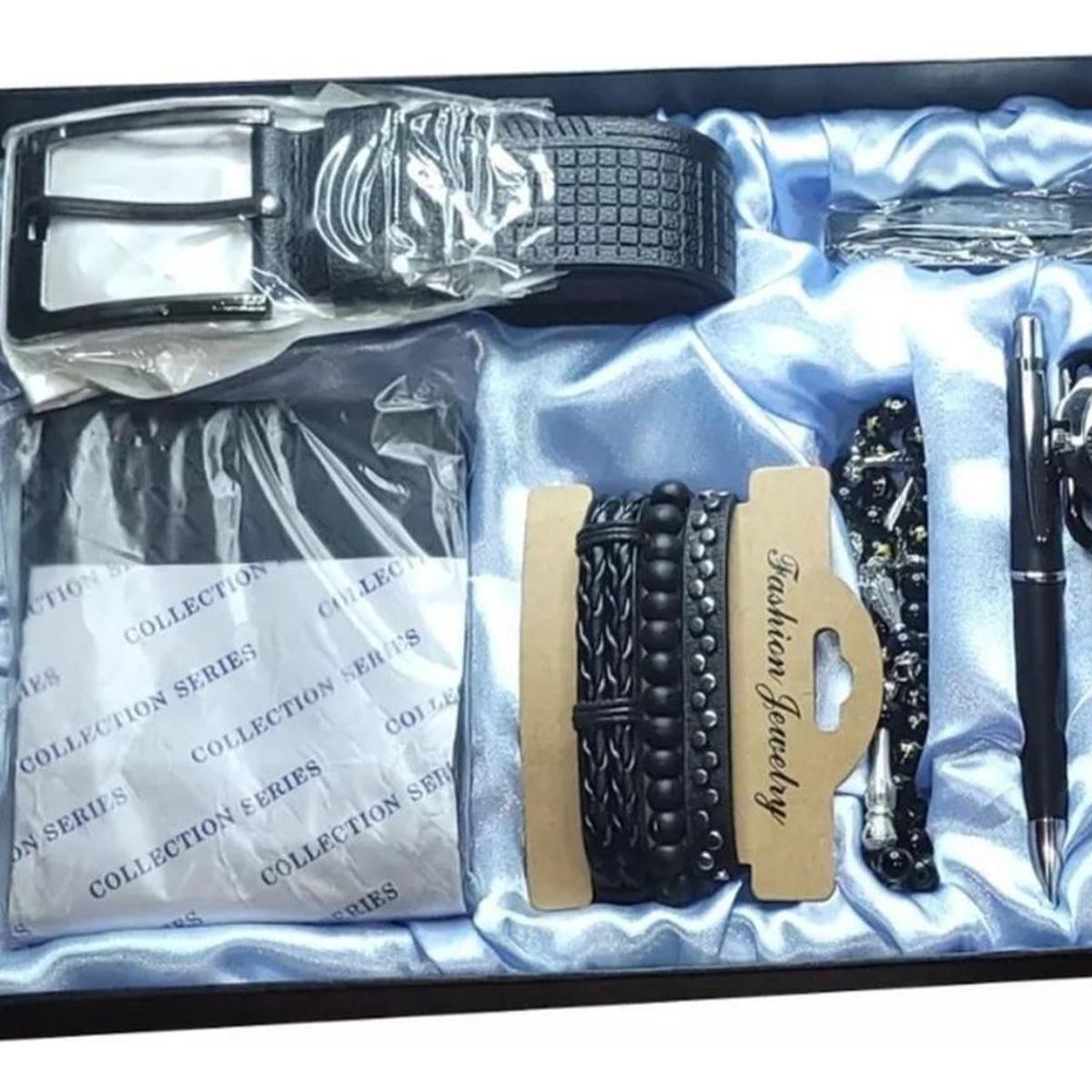 IMPORTCLICK - Kit Caja Regalo Hombre Cinturón 130 CM Billetera Bolígrafo Llavero Hebilla Negro