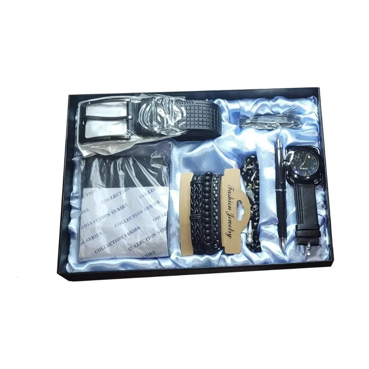 IMPORTCLICK - Kit Caja Regalo Hombre Cinturón 130 CM Billetera Bolígrafo Llavero Hebilla Negro