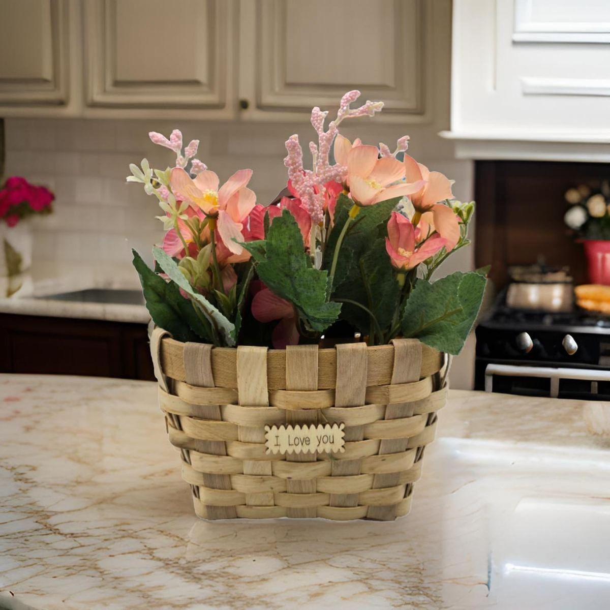 GENERICO - Planta Artificial Macetero Estilo Mimbre Flores Rosados