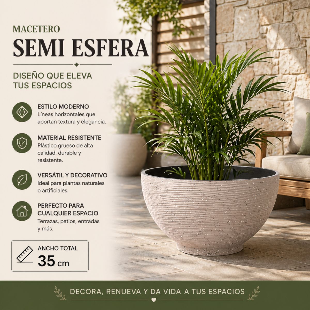 GENERICO - Macetero Plastico Semi Esfera Premium Diseño a Rayas S - Beige
