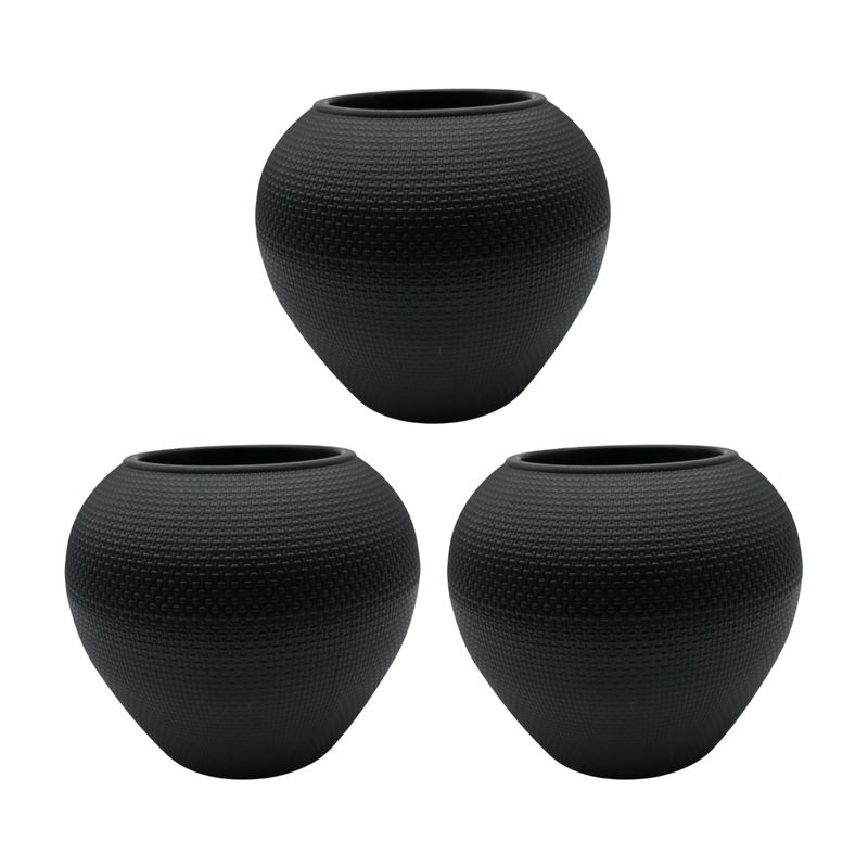 GENERICO - Set 3 Maceteros Plastico Redondo Ovalado Moderno Textura S - Negro