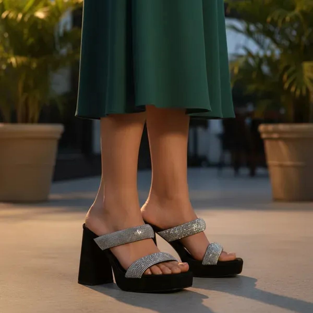 BOVINITA - Sandalia Mujer Plataforma Taco Ancho Brillos Negra Elegante