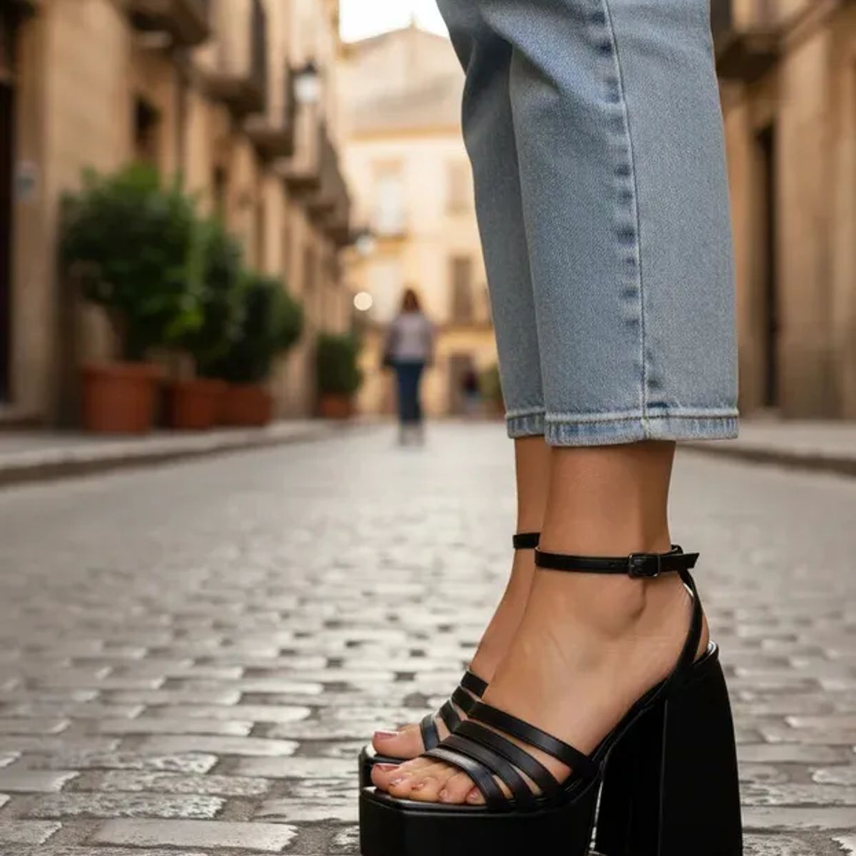BOVINITA - Sandalias Mujer Negras Plataforma Alta Taco Ancho Fiesta