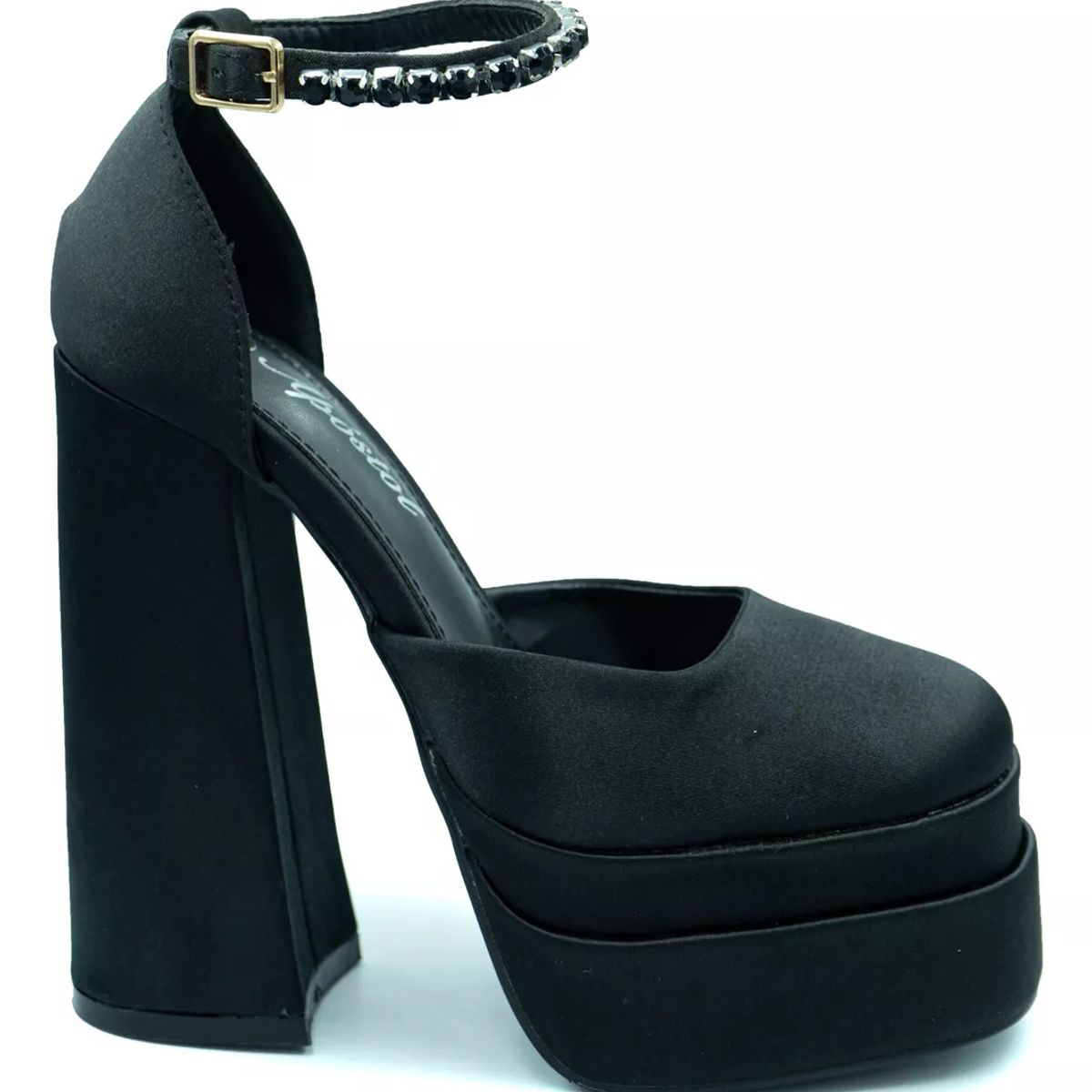 APOSTOL - Tacón satín negro tipo bratz dama para fiesta formal altos con pedrería