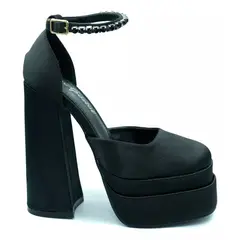 APOSTOL - Tacón satín negro tipo bratz dama para fiesta formal altos con pedrería