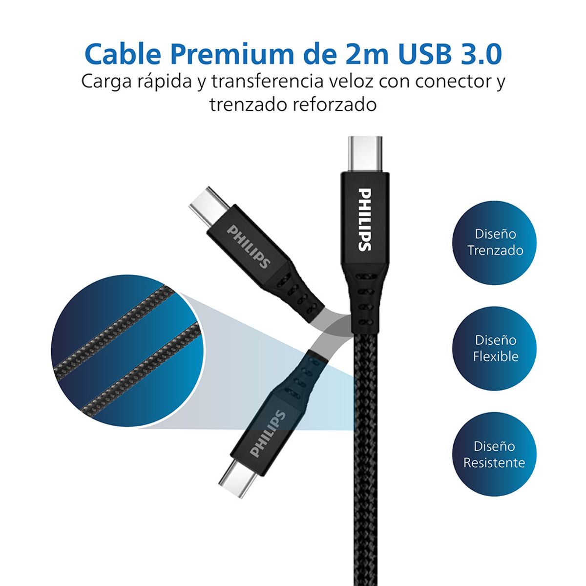 PHILIPS - Cable Trenzado USB-A a USB-C Philips DLC5206A Negro