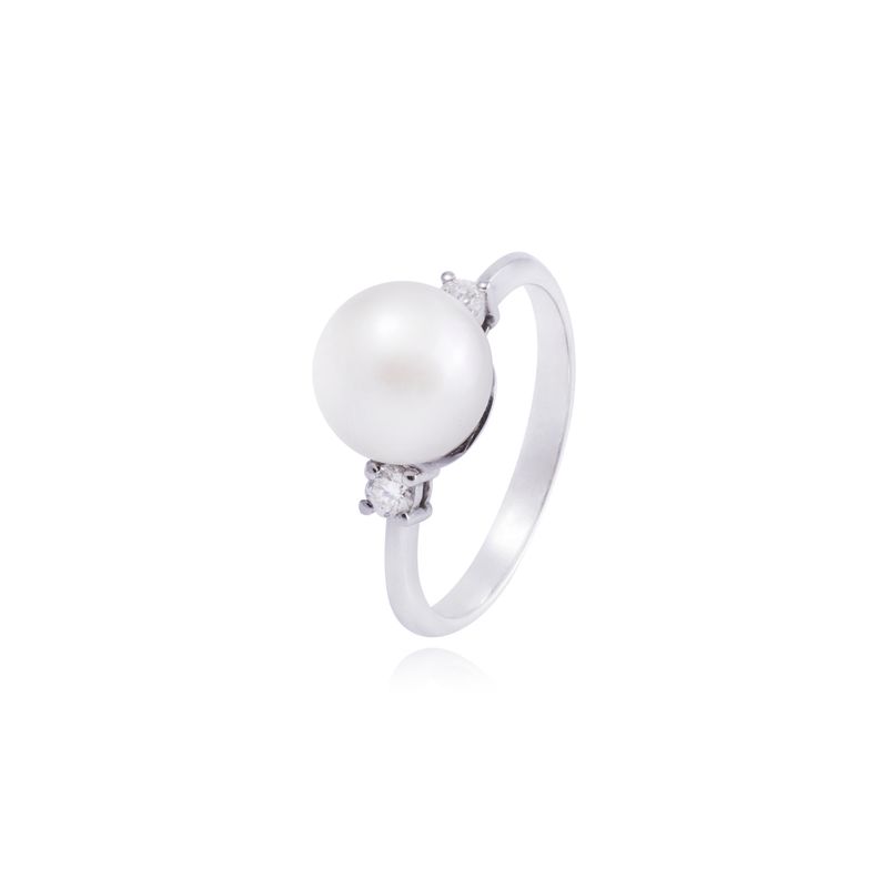 JB JOYAS BARON - Anillo Oro Blanco 18kt Diamantes 10 Pts Perla 8mm