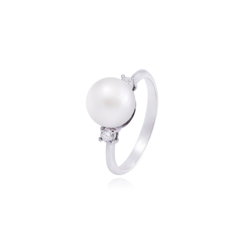 JB JOYAS BARON - Anillo Oro Blanco 18kt Diamantes 10 Pts Perla 8mm