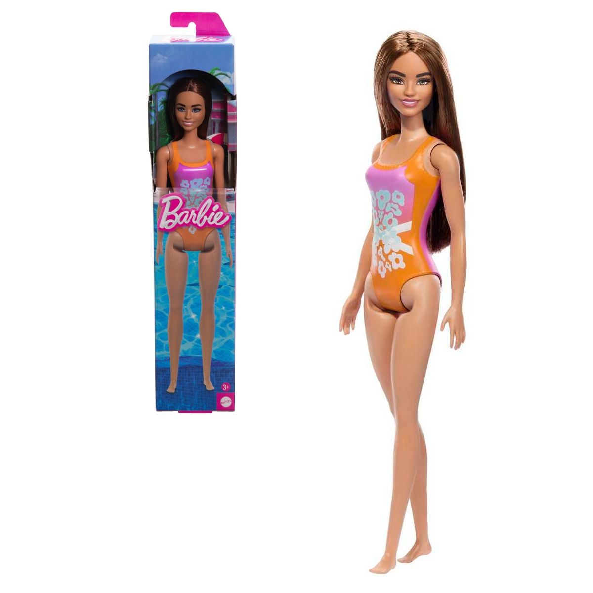 BARBIE - Muñeca Barbie playa traje de baño naranja flores tropicales