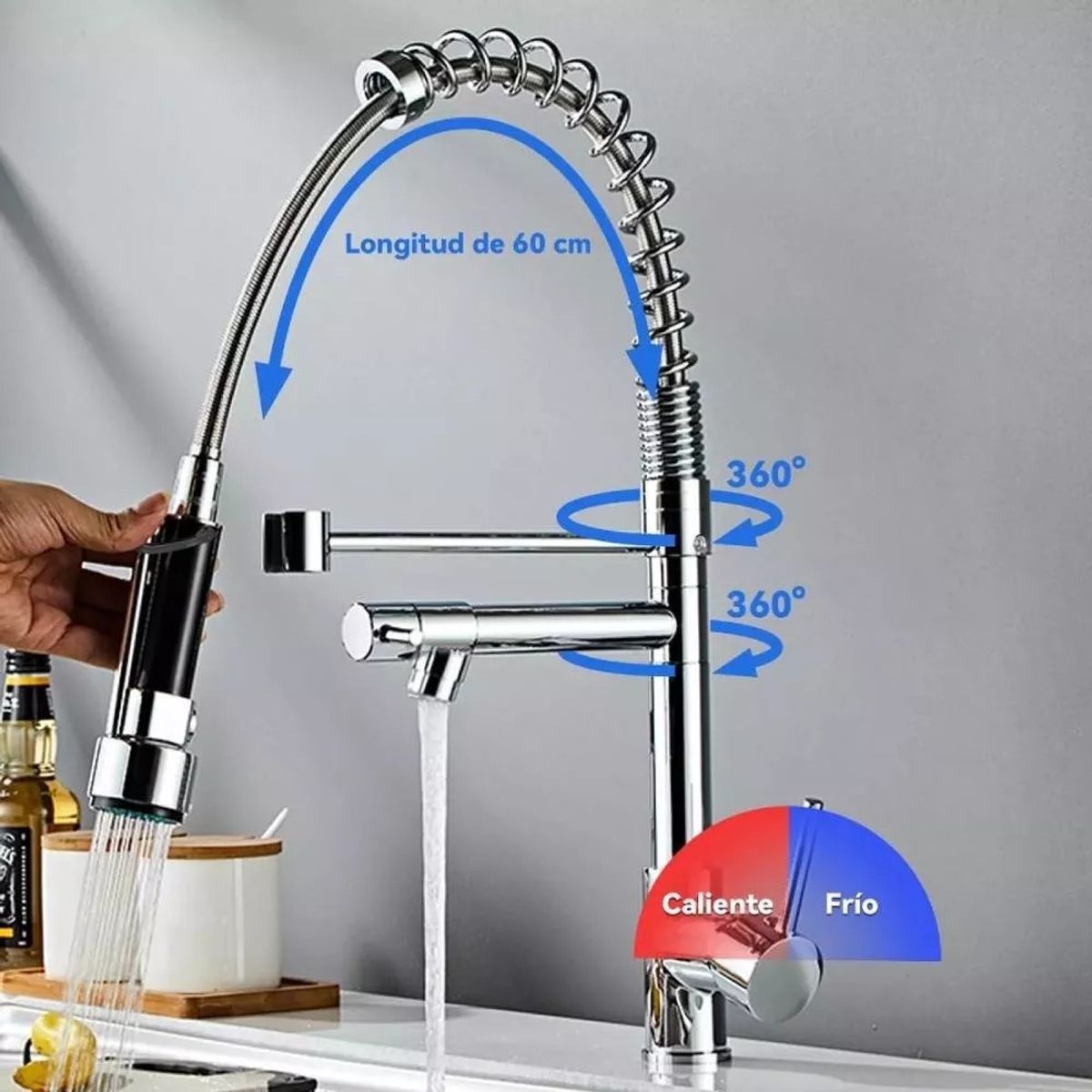 MUNDO MAGIA - Llave Cocina Monomando Triple Lavaplatos Flexible Plateado