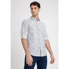 PERRY ELLIS - Camisa Hombre Manga Corta Lino Estampada Blanco