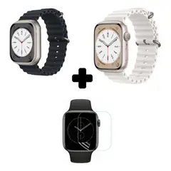 UNIVERSAL - 2 Correa Ocean Apple Watch Smartwatch Negro Y Blanco + Protector 45mm - Amarillo - Blanco