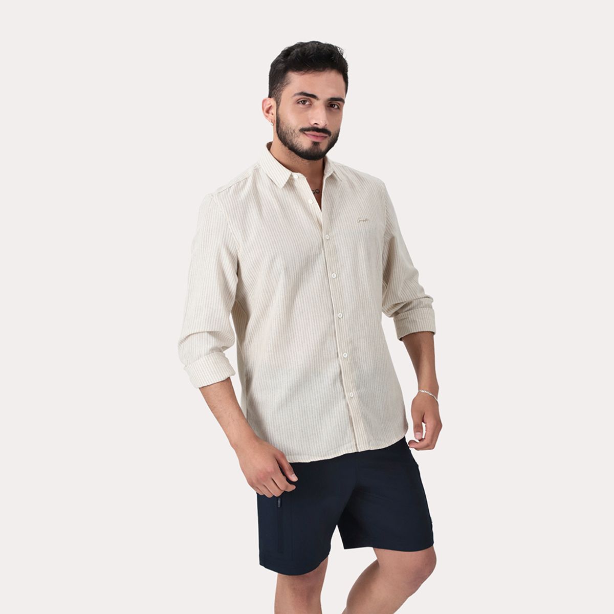 GANGSTER - Camisas ML Fake Linho Tucuma Beige Gangster