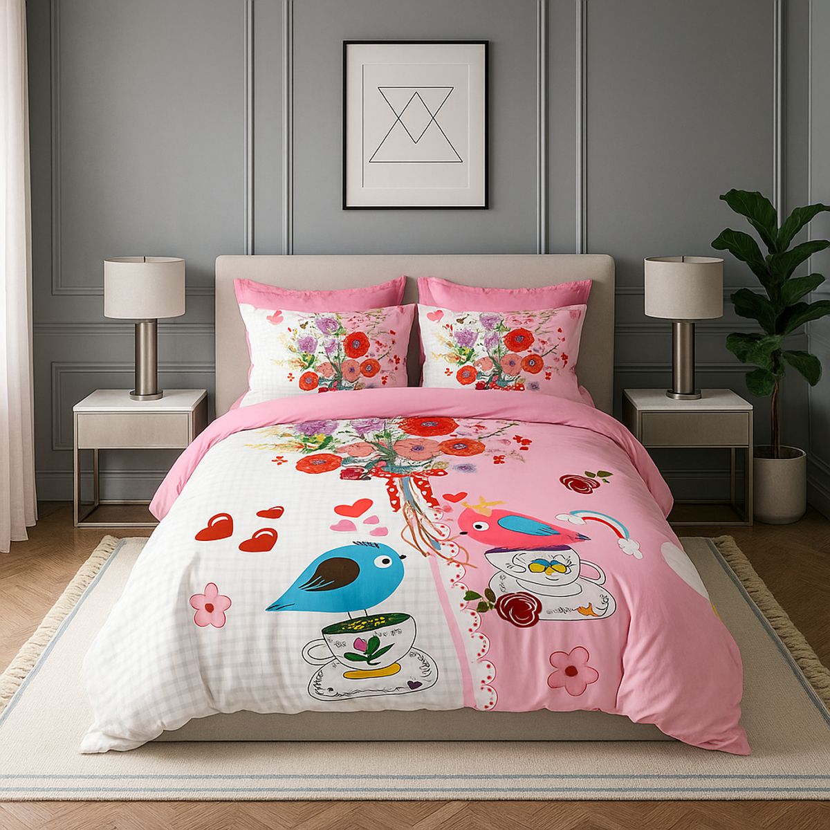 GENERICO - Cubrecama Quilt Verano 1.5 Plazas +funda 50x70 Birds Pin 604