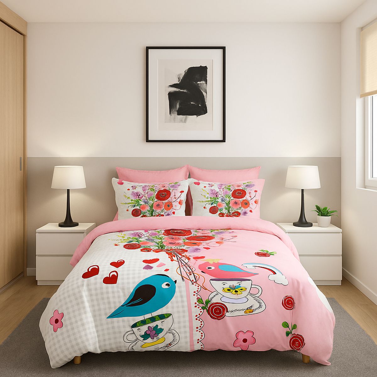 GENERICO - Cubrecama Quilt Verano 1.5 Plazas +funda 50x70 Birds Pin 604