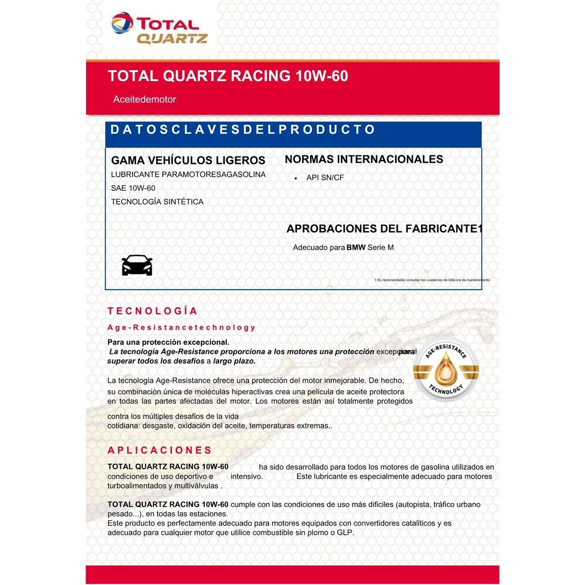 TOTAL - Aceite Motor 10w60 marca Total para competición 1 lt.