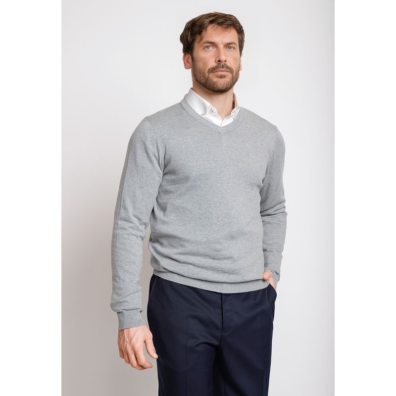 TRIAL - Sweater Hombre Formal Mezcla Algodón Seda Slim Cuello V Gris Melange