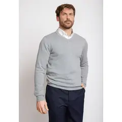 TRIAL - Sweater Hombre Formal Mezcla Algodón Seda Slim Cuello V Gris Melange