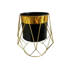 GENERICO - Macetero Decorativo Moderno - Estilo Geométrico Negro y Dorado S