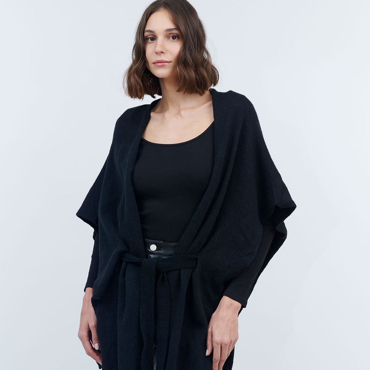 GUINDA - Tapado abierto con cinturón de lana Lurex