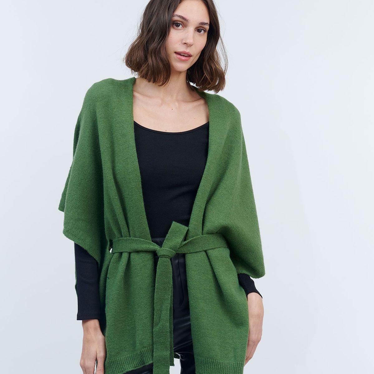 GUINDA - Tapado abierto con cinturón de lana Lurex