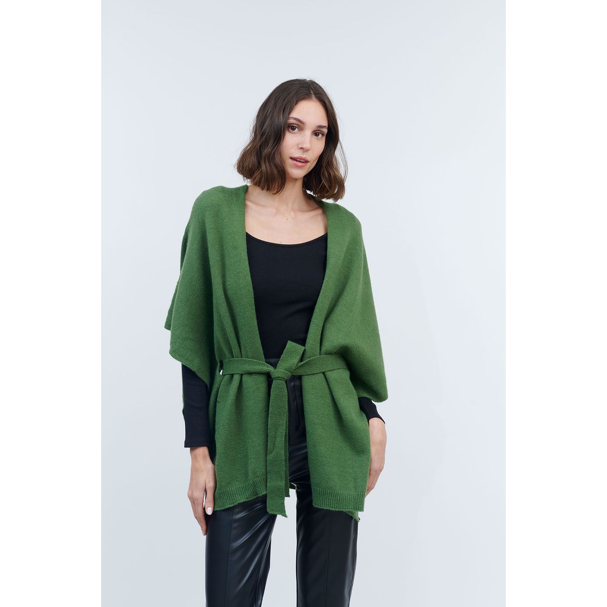 GUINDA - Tapado abierto con cinturón de lana Lurex