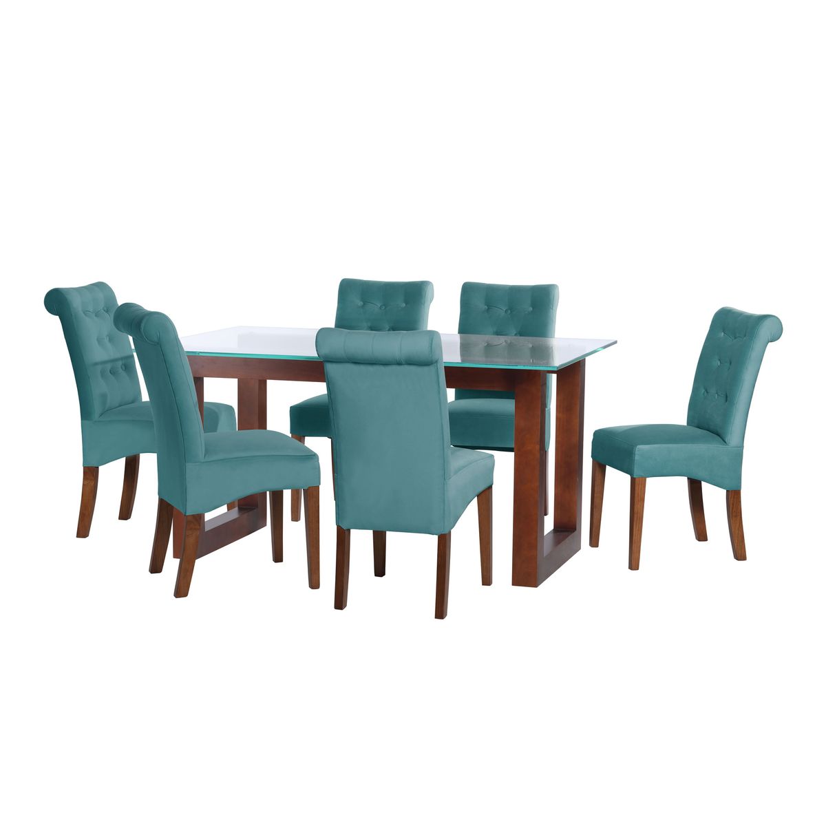 LATAM HOME - JUEGO DE COMEDOR PAMPLONA 6 SILLAS OVIEDO TELA VELVET TURQUESA