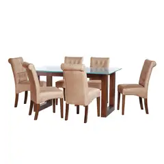 LATAM HOME - JUEGO DE COMEDOR PAMPLONA 6 SILLAS OVIEDO CUERO KENTUCKY  BEIGE