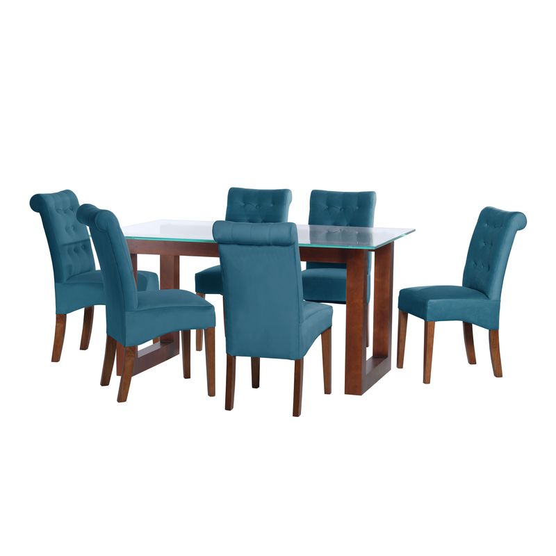 LATAM HOME - JUEGO DE COMEDOR PAMPLONA 6 SILLAS OVIEDO TELA VELVET AZUL PETROLEO