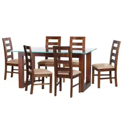 LATAM HOME - JUEGO DE COMEDOR PAMPLONA 6 SILLAS GRANADA CUERO KENTUCKY  BEIGE