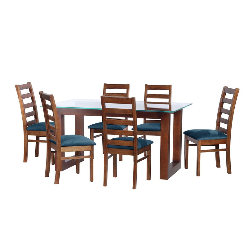 LATAM HOME - JUEGO DE COMEDOR PAMPLONA 6 SILLAS BURGOS TELA VELVET AZUL PETROLEO