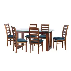 LATAM HOME - JUEGO DE COMEDOR PAMPLONA 6 SILLAS BURGOS TELA VELVET AZUL PETROLEO