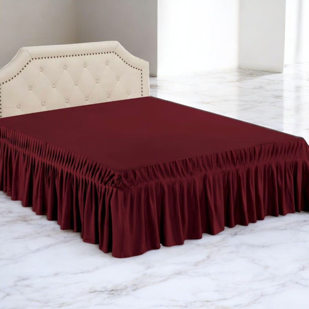 GENERICO - Faldón De 2 Plazas Para Cama Elasticados Unicolor Poliéster Burdeo