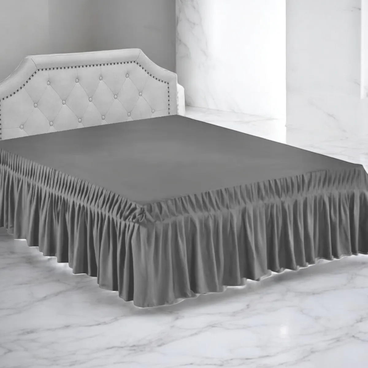 GENERICO - Faldón De 2 Plazas Para Cama Elasticados Unicolor Poliéster Gris