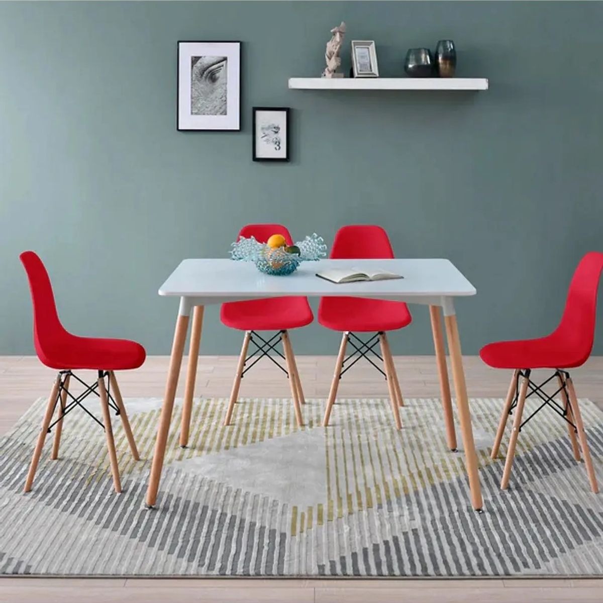 CORI CORI - Juego de Comedor Mesa Blanca 120x80cm + 4 Sillas Eames Roja…