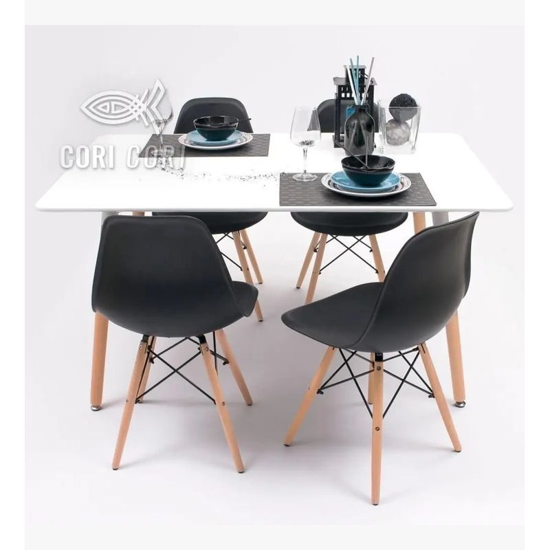 CORI CORI - Juego de Comedor Mesa Melamina Blanca 120x80cm + 4 Sillas Eames Negro