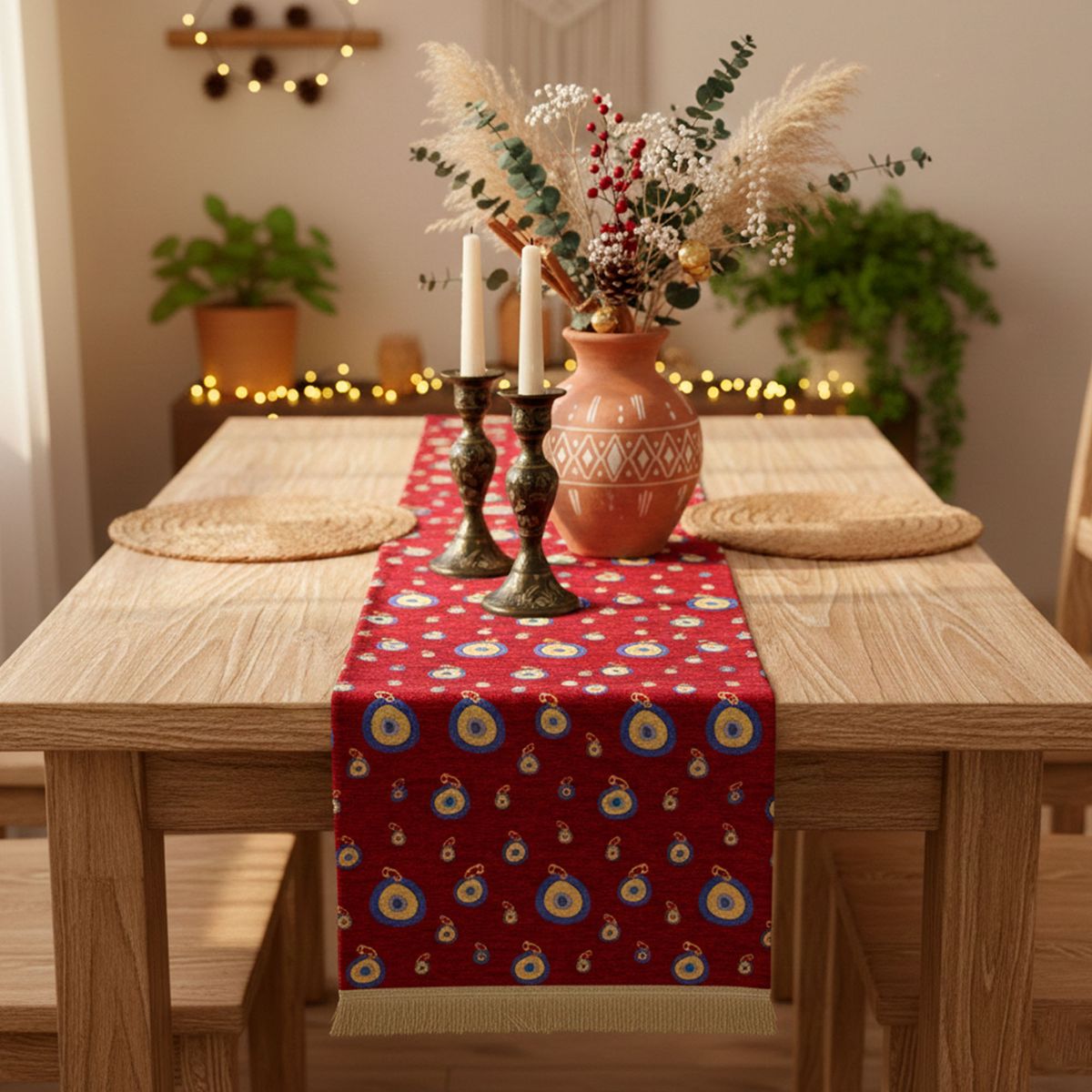 TURKUAZ - Camino de Mesa con Ojo Nazar rojo 1,40 m – Mantel Turquía